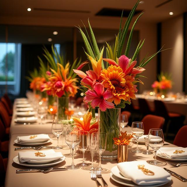 Evento corporativo con centros tropicales